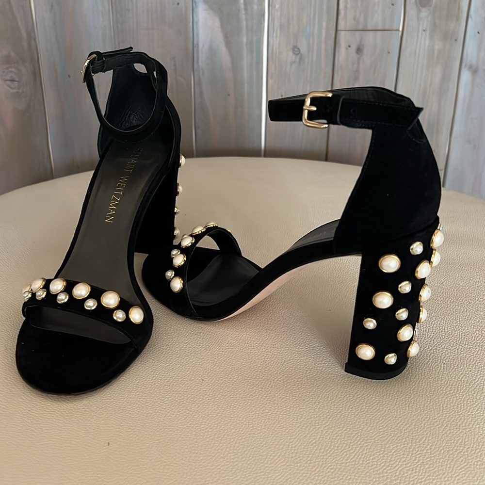 Stuart Weitzman black suede with faux Pearls 4 inch heals